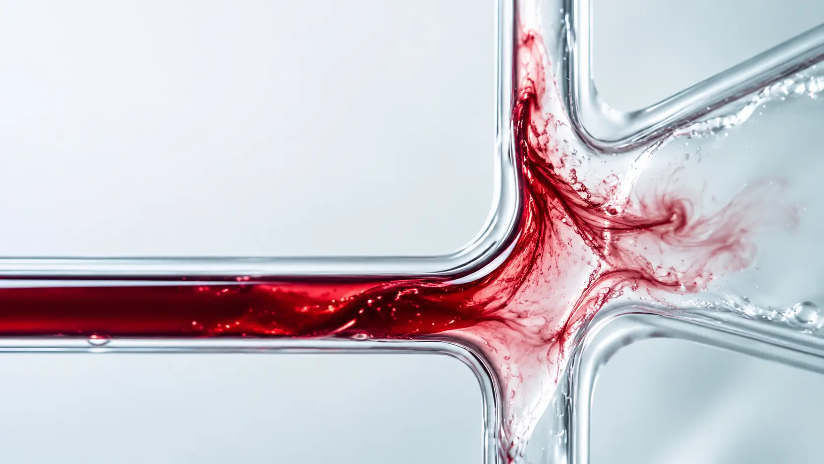 Abstract red and clear fluids meeting inside clean glass channels